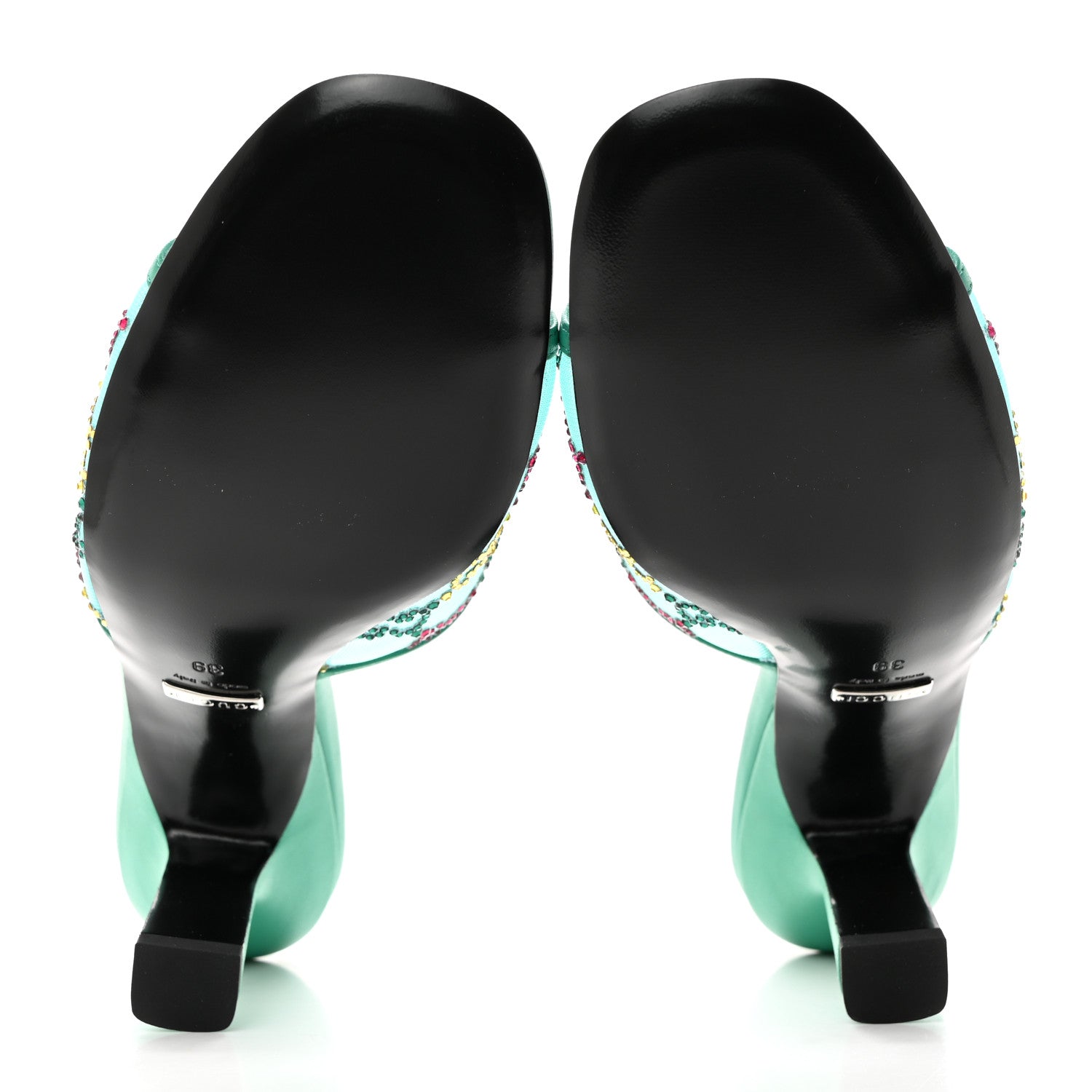 Gucci Tela Retino Nappa Crystal GG Monogram Square G 95mm Slide Sandals 39 Turquoise 5 of 11