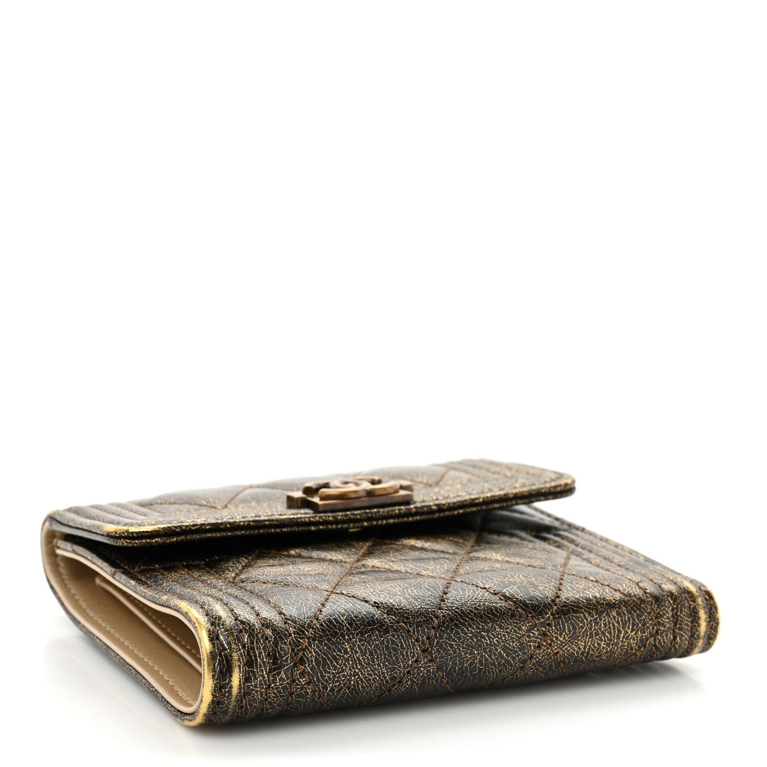 Chanel Cracked Metallic Calfskin Quilted Compact Boy Wallet Gold 4 of 17