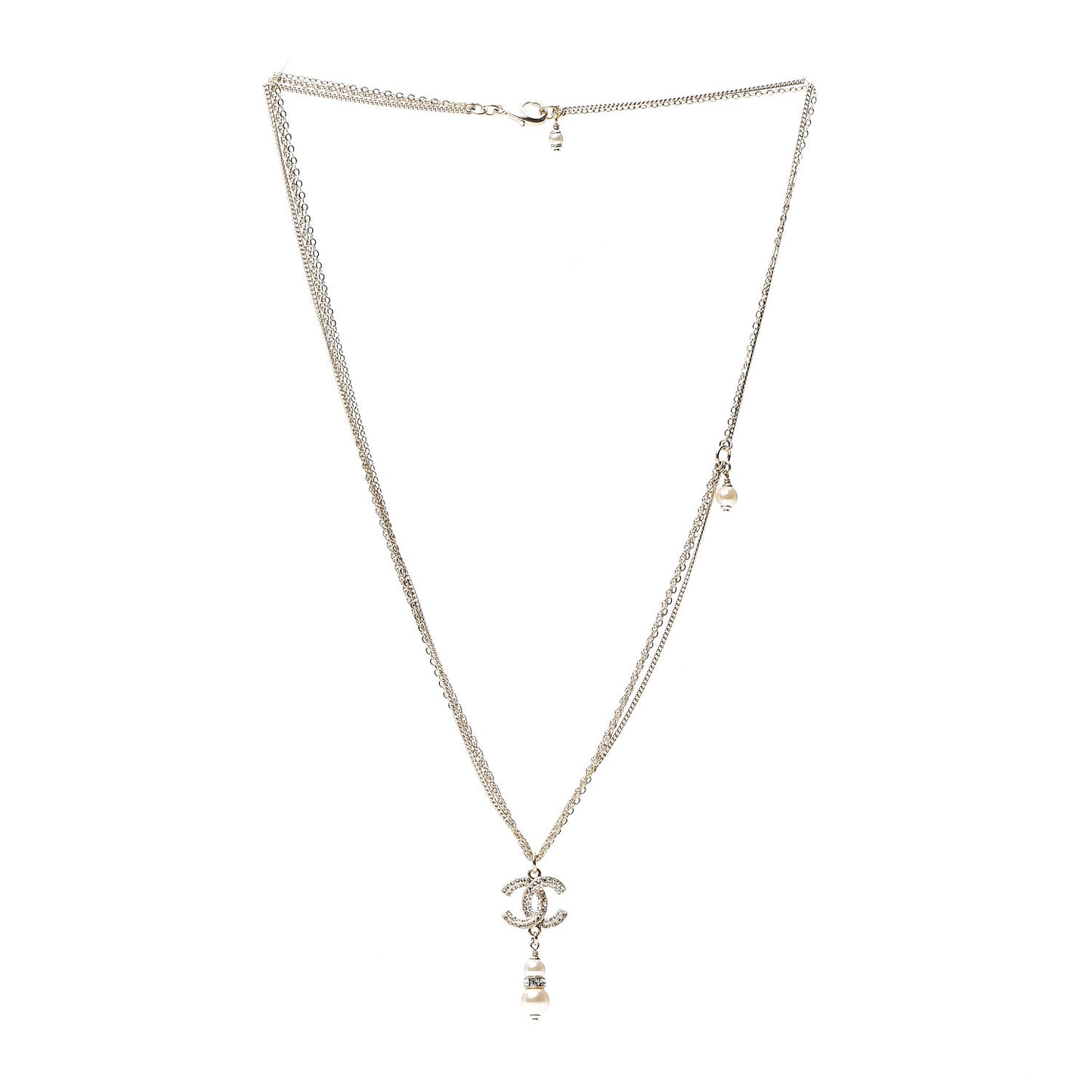 Pearl Crystal CC Drop Necklace Gold