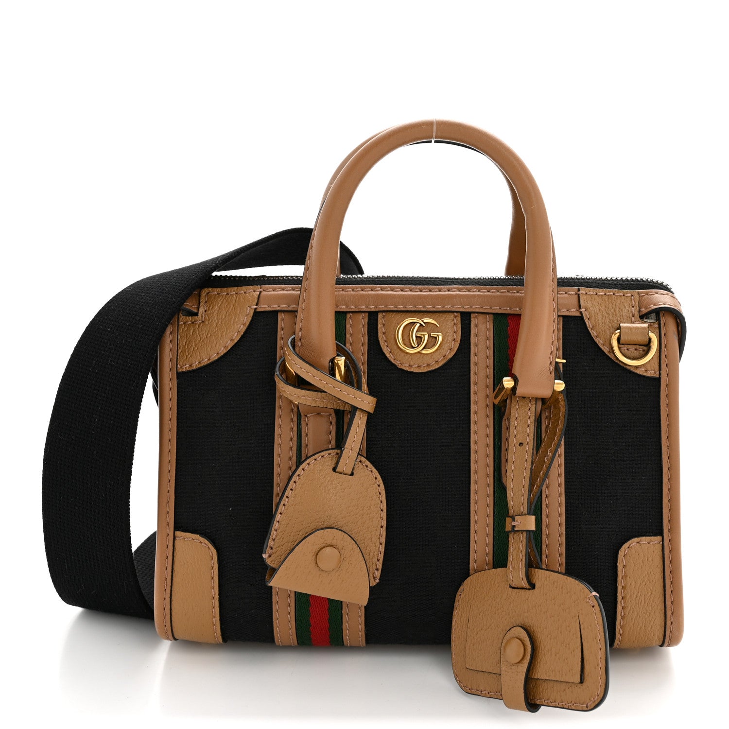 Gucci Monogram Textured Dollar Calfskin Web Mini Bauletto Duffle Top Handle Bag Black Koi Beige 1 of 13