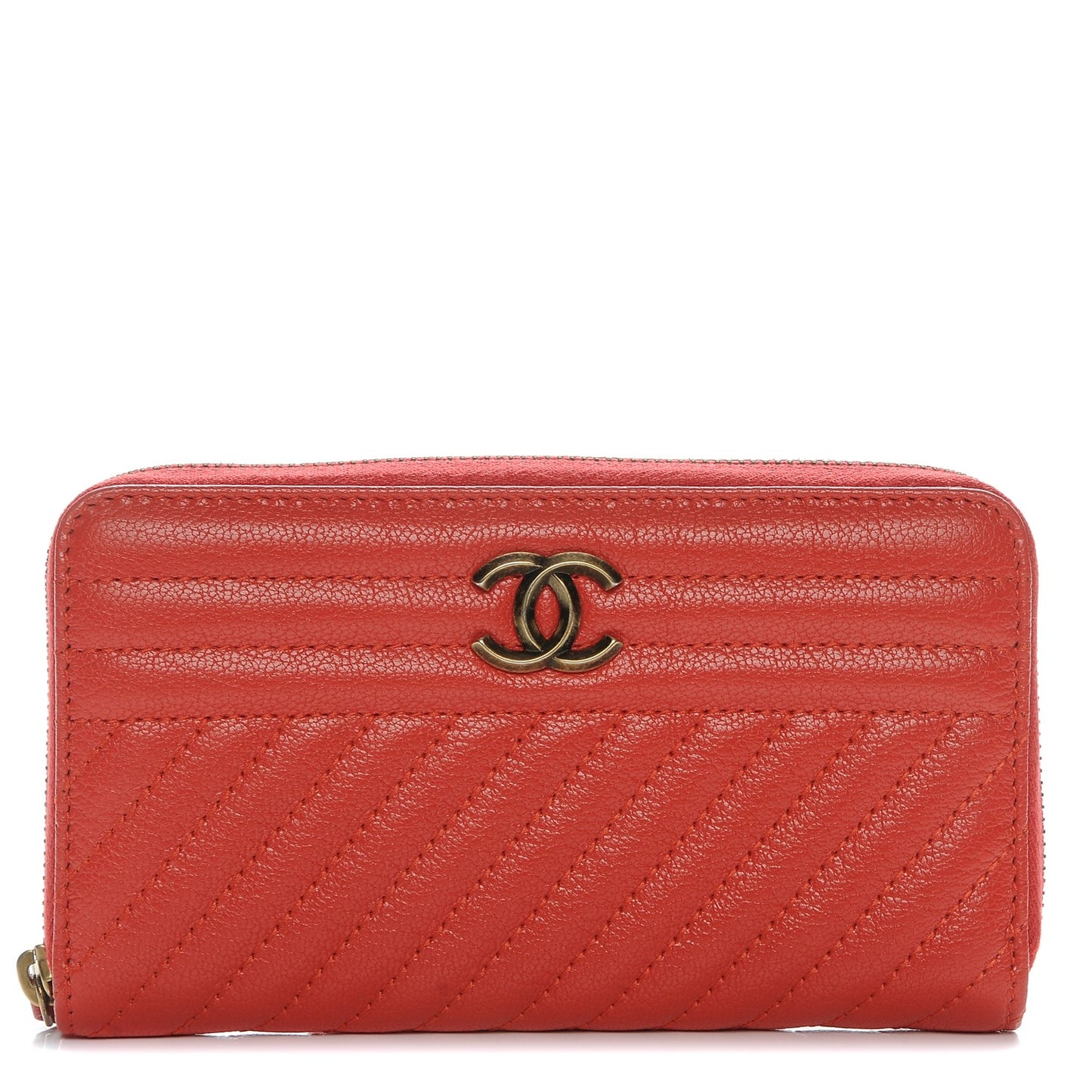 Shiny Goatskin Diagonal Quilted Small Zip Around Wallet Red