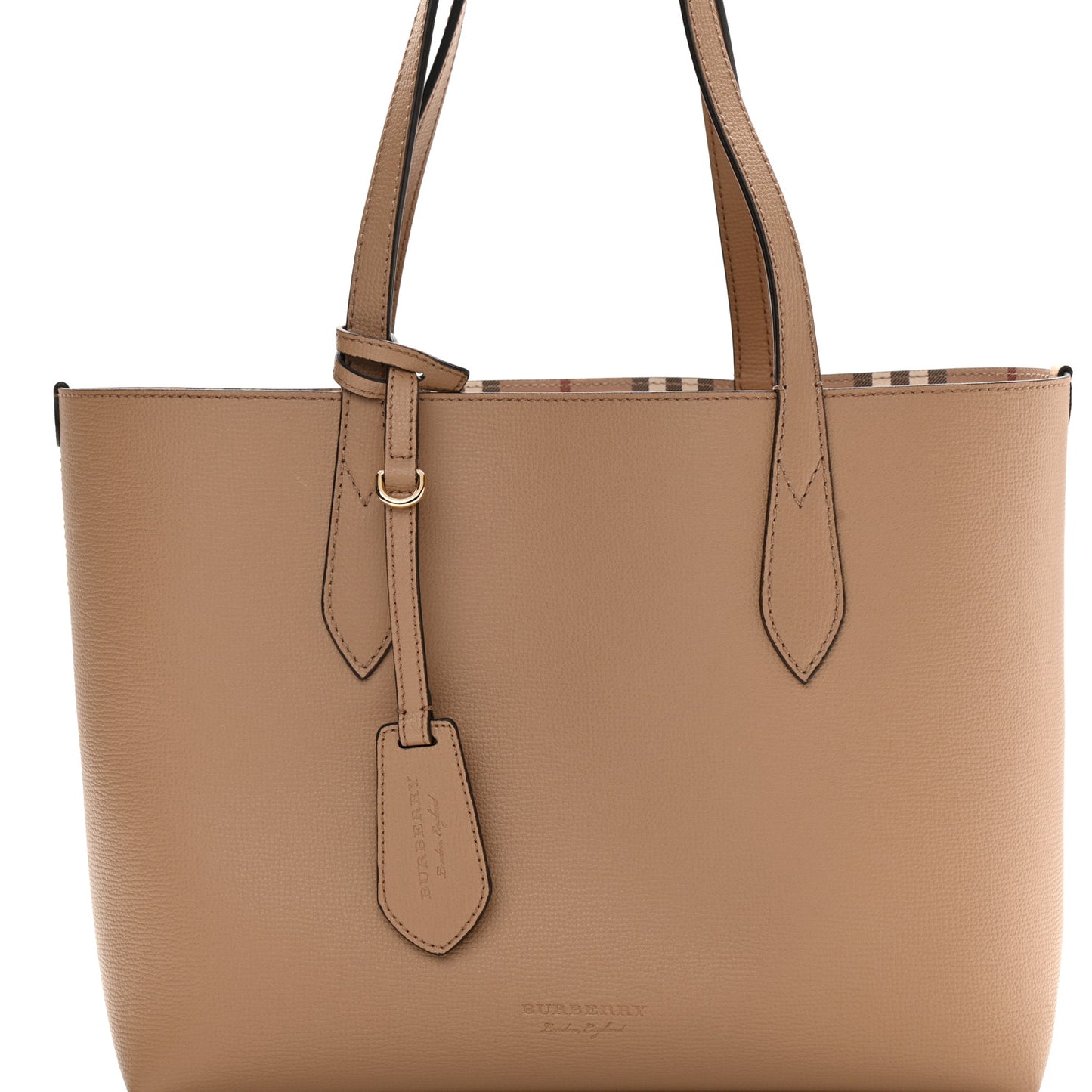 Grainy Calfskin Haymarket Check Small Reversible Tote Mid Camel