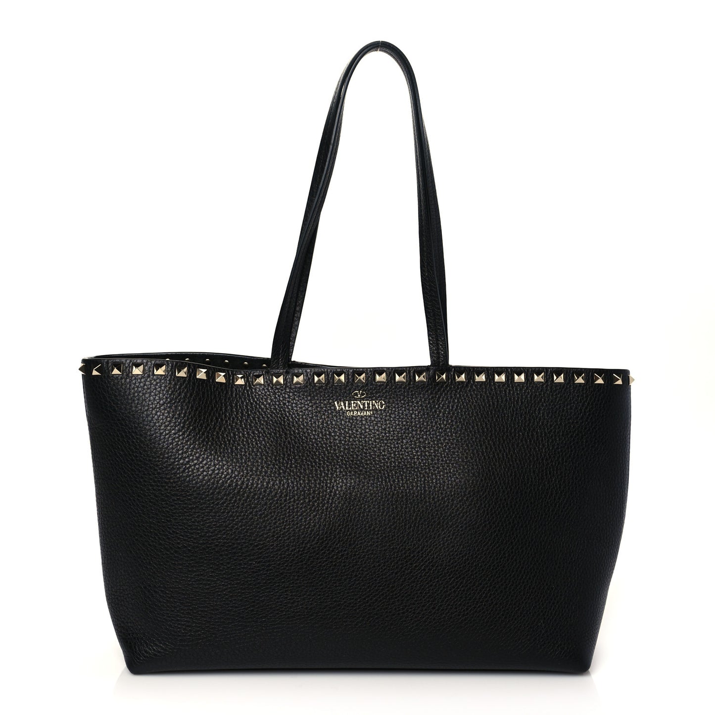 Grained Calfskin Small Rockstud Shoulder Tote Black