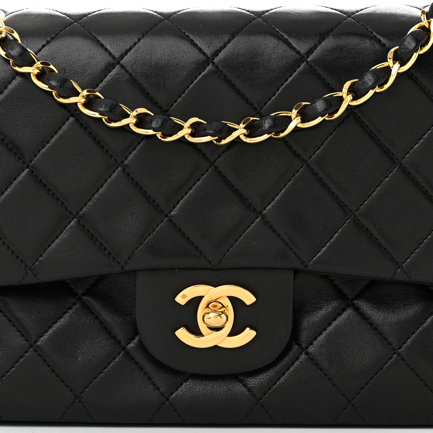 Lambskin Quilted Medium Double Flap Black