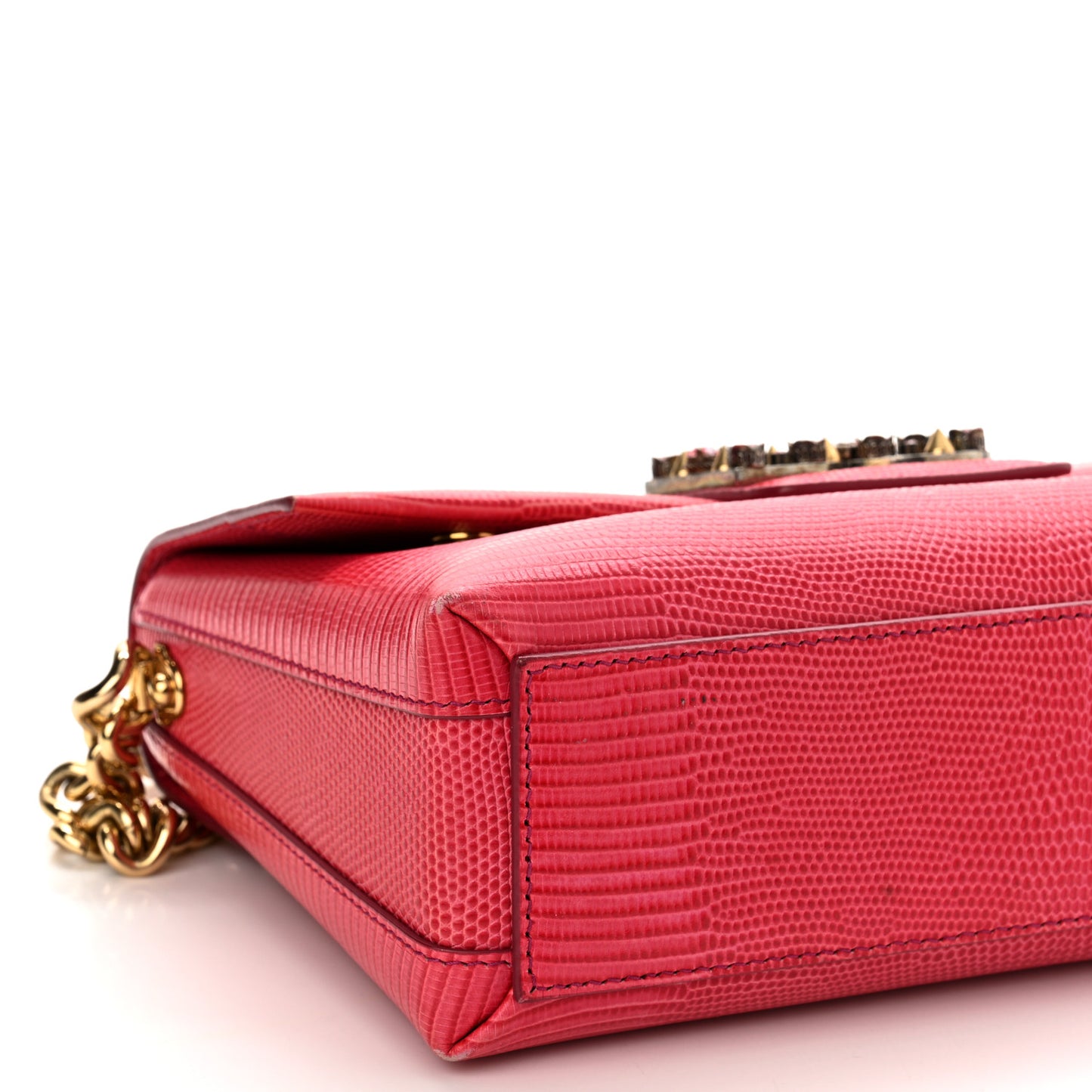 Stampa Iguana Calfskin Crystal Millennials Chain Shoulder Bag Pink