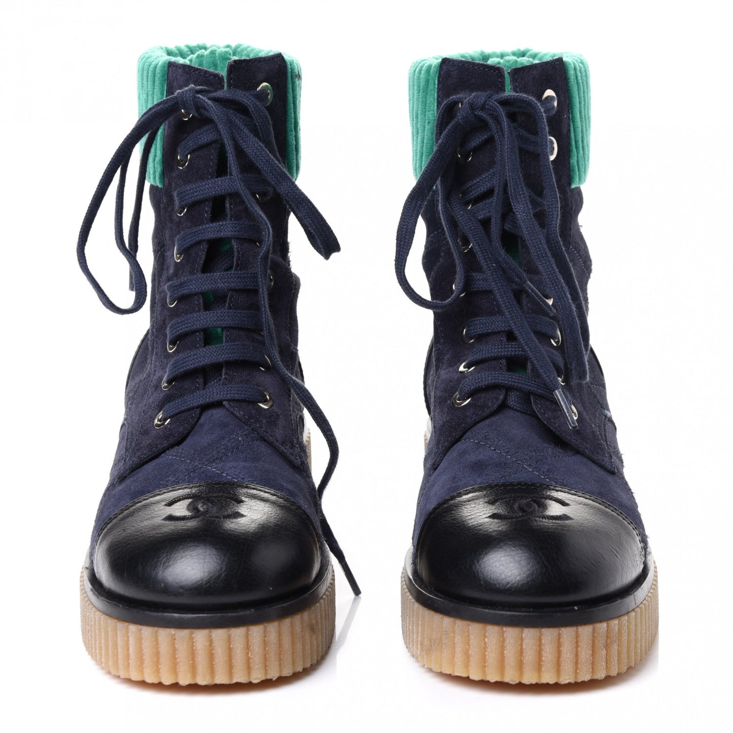 Suede Calfskin Velvet Quilted CC Combat Boots 38 Navy Green Black