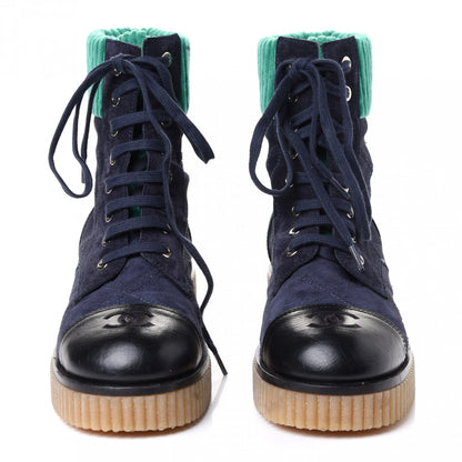 Chanel Suede Calfskin Velvet Quilted CC Combat Boots 38 Navy Green Black 2 of 4