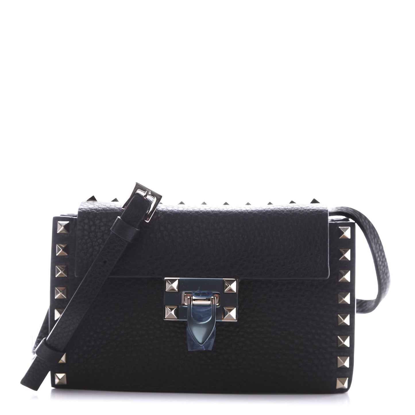 Pebbled Calfskin Small Rockstud Overlay Flap Shoulder Bag Black