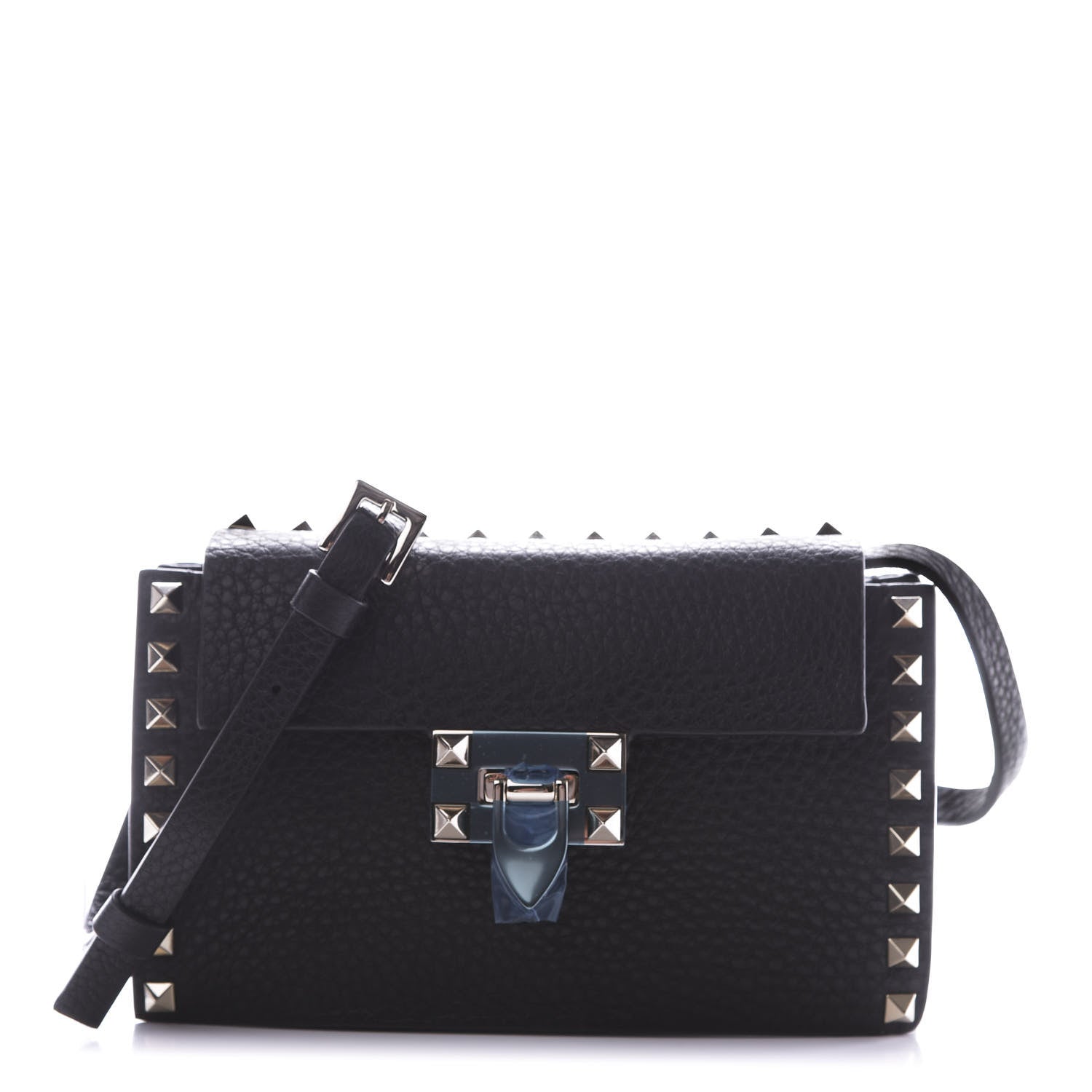 Valentino Garavani Pebbled Calfskin Small Rockstud Overlay Flap Shoulder Bag Black 1 of 11