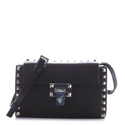 Valentino Garavani Pebbled Calfskin Small Rockstud Overlay Flap Shoulder Bag Black 1 of 11