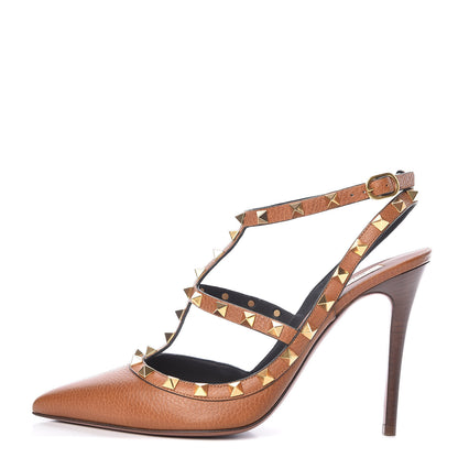 Valentino Garavani Pebbled Calfskin Rockstud Ankle Strap 100mm Pumps 40 Cuoio 1 of 9