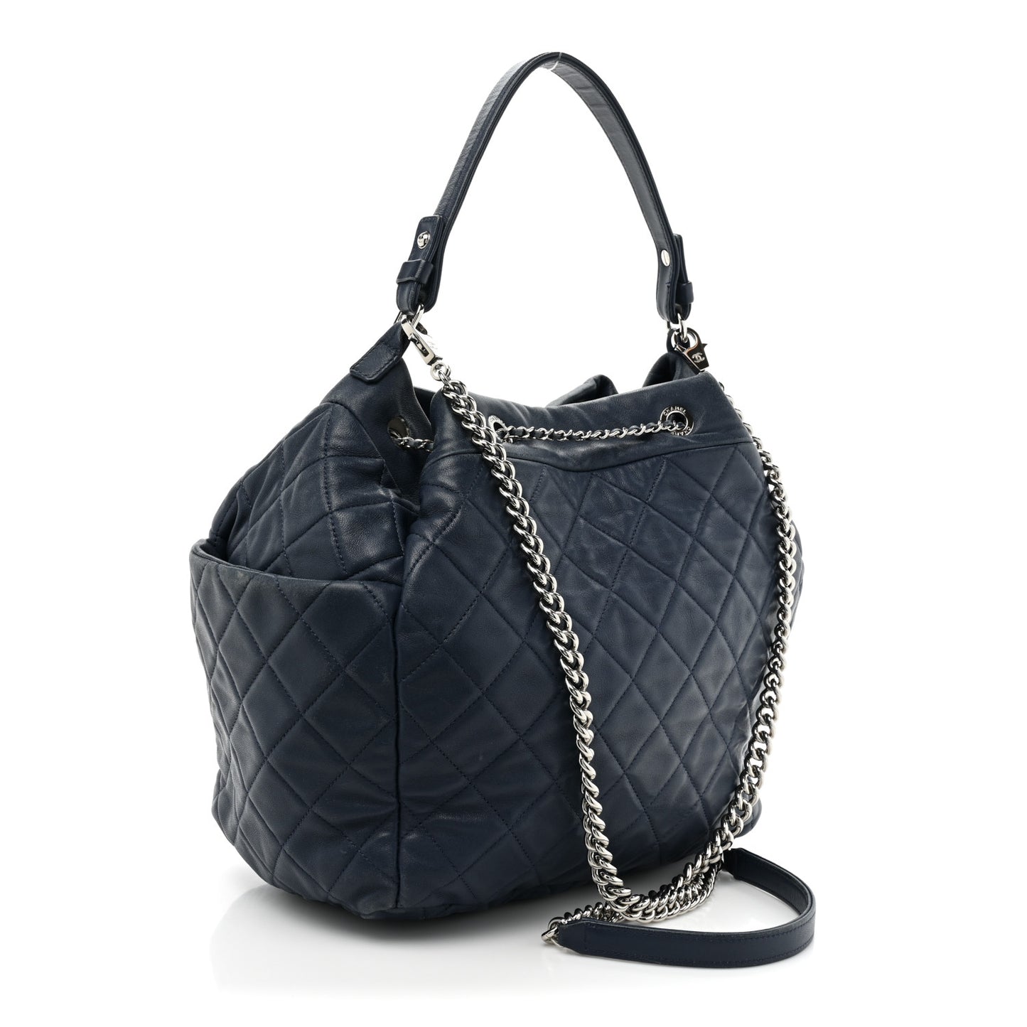 Lambskin Quilted CC Chain Drawstring Tote Blue