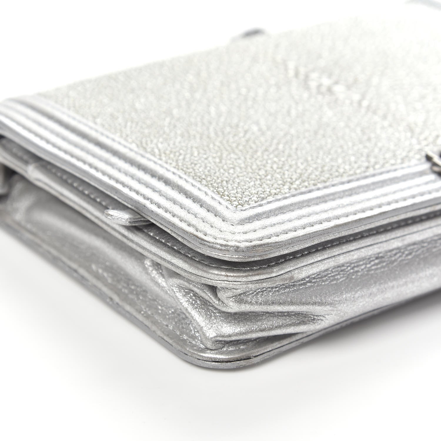 Chanel Metallic Galuchat Stingray Lambskin Boy Wallet On Chain WOC Silver 8 of 14
