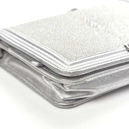 Chanel Metallic Galuchat Stingray Lambskin Boy Wallet On Chain WOC Silver 8 of 14
