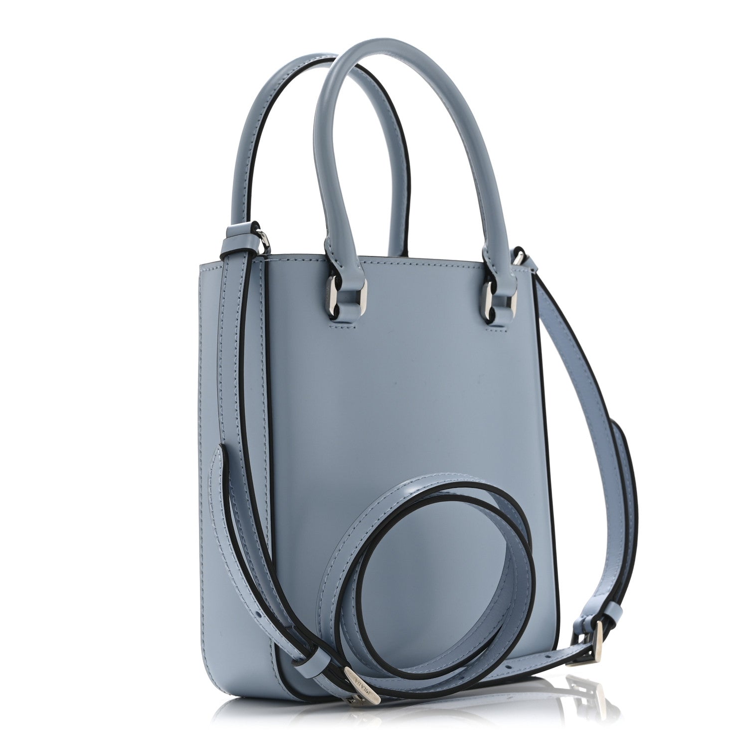 Prada Spazzolato Metal Triangle Logo Small Double Handle Crossbody Tote Celeste Black 3 of 10