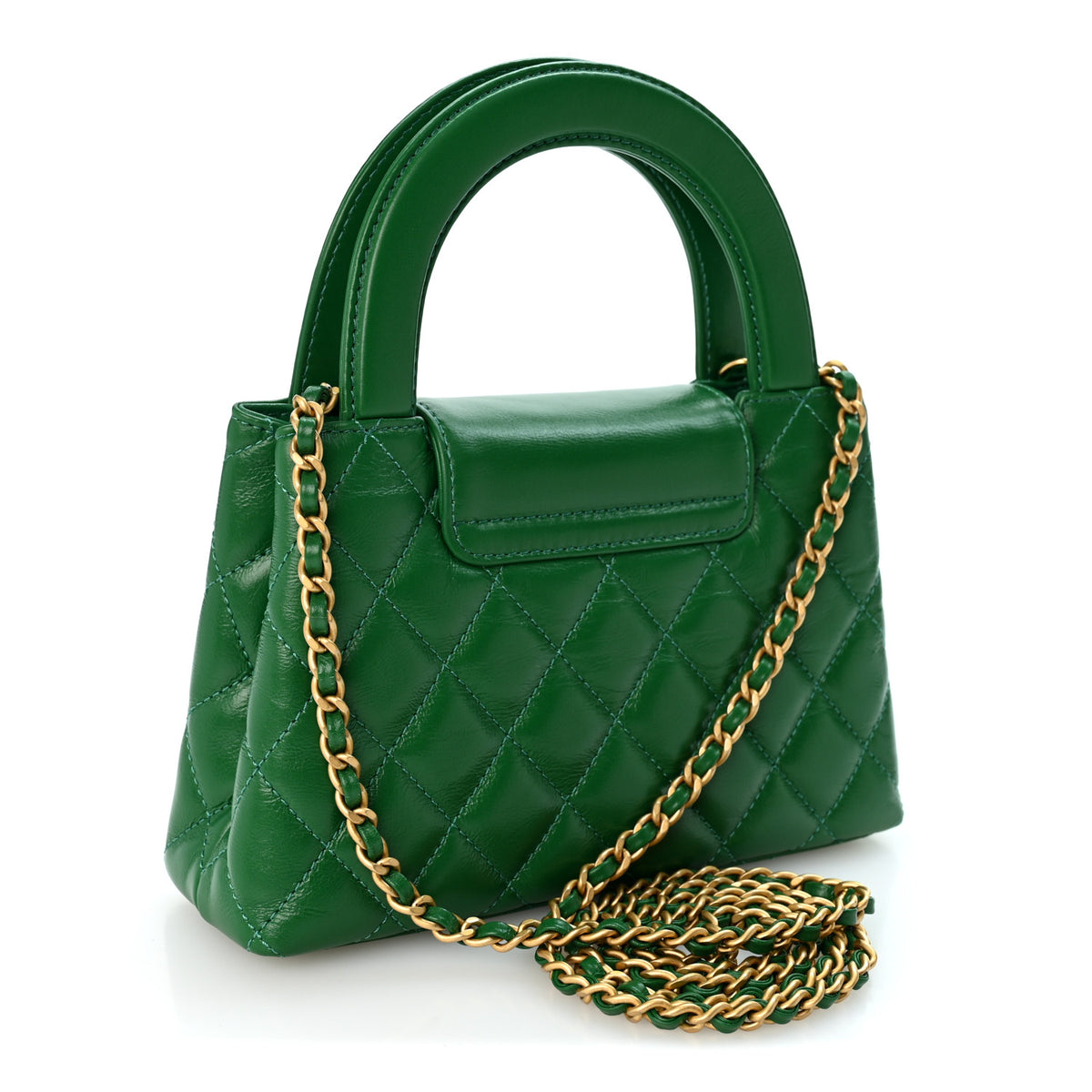 Shiny Aged Calfskin Quilted Nano Kelly Shopper Green