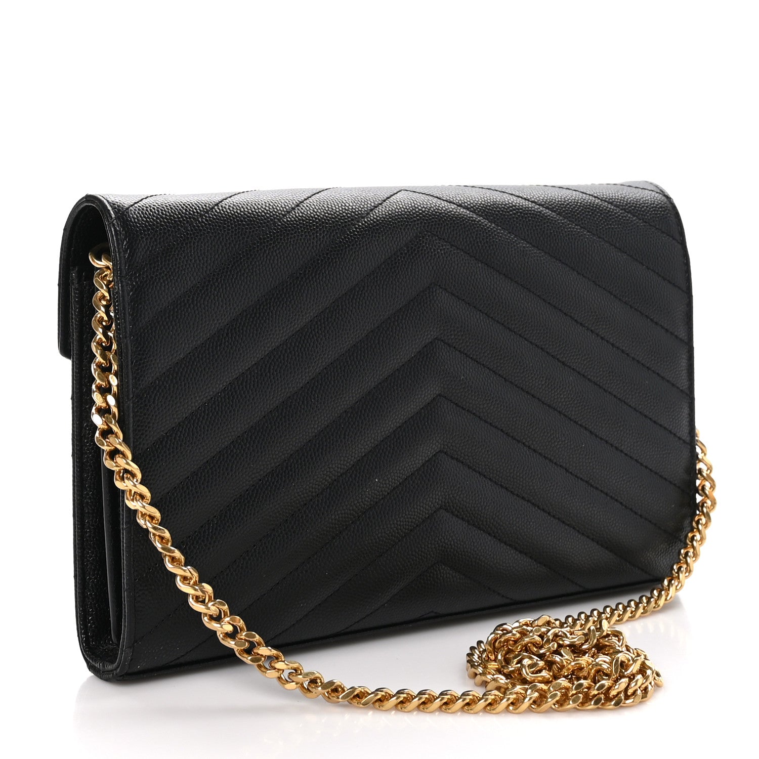 Saint Laurent Grain De Poudre Matelasse Chevron Monogram Chain Wallet Black 3 of 11