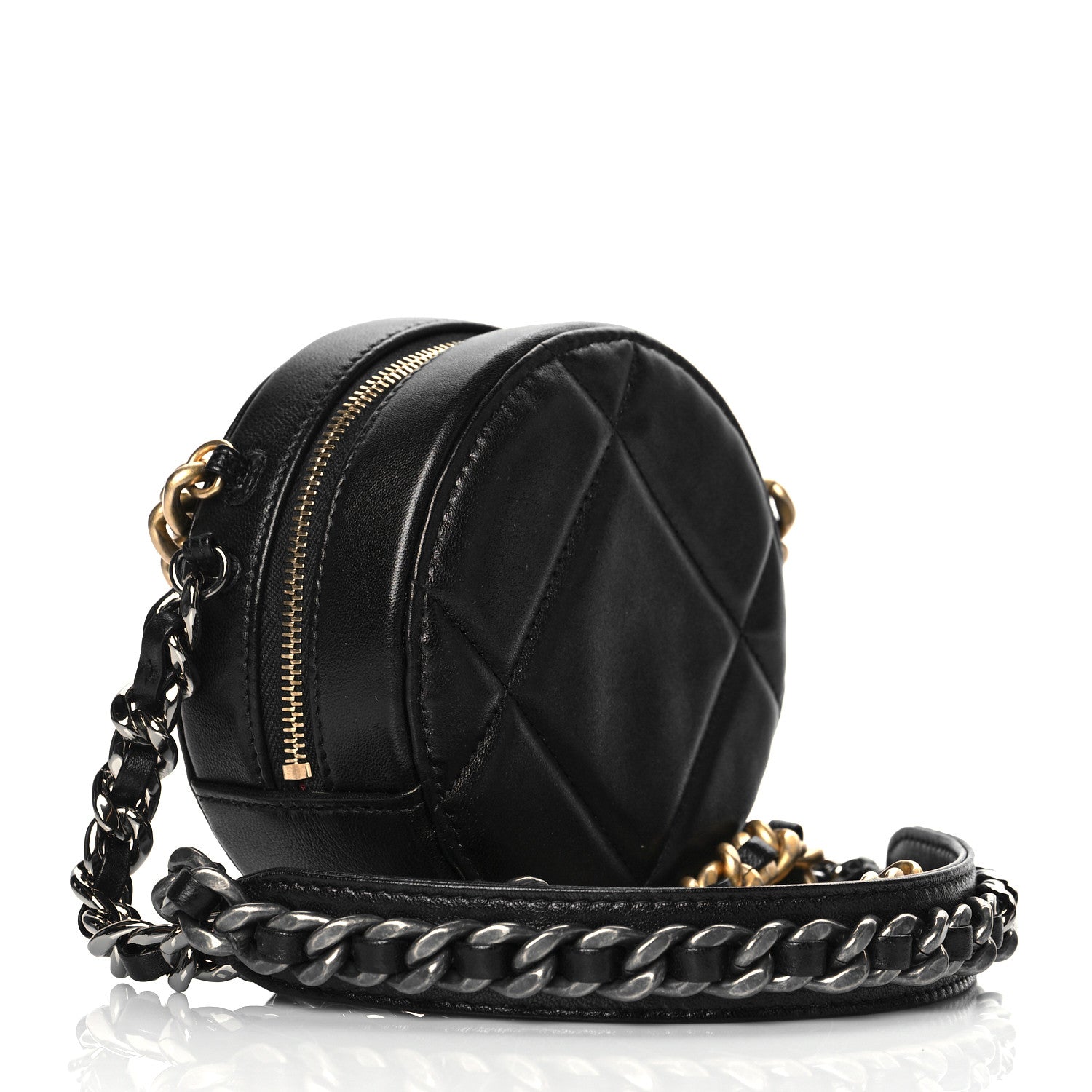 Chanel Shiny Goatskin Quilted Chanel 19 Round Clutch With Chain Black 3 of 11