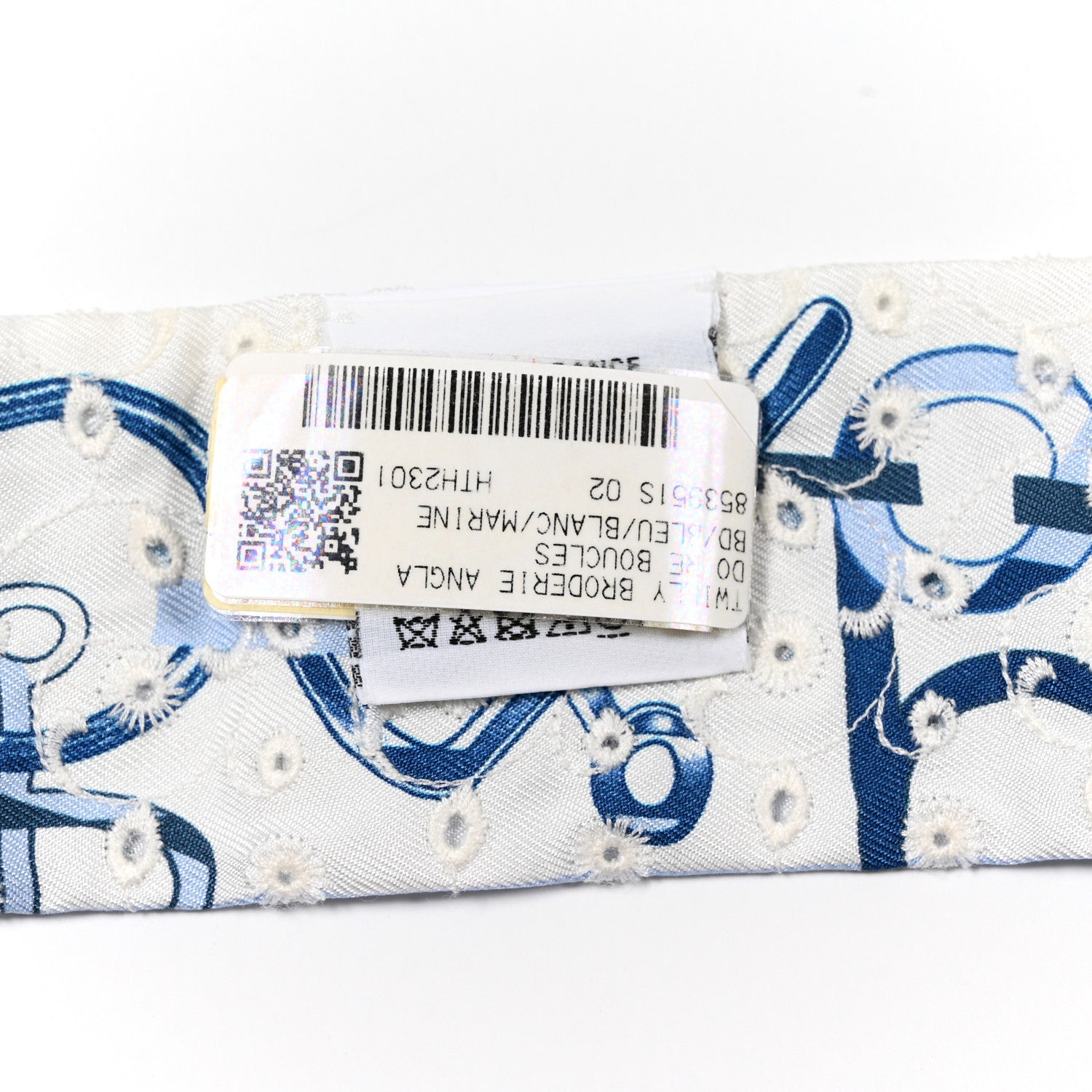 Hermes Silk Embroidered Do Re Boucles Broderie Anglaise Twilly Bleu White Marine 3 of 4