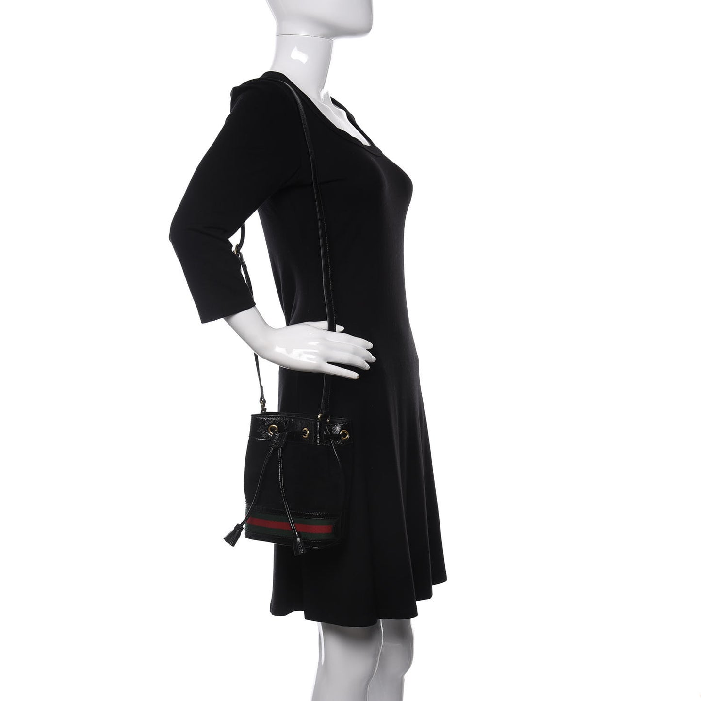 Suede Patent Web Mini Ophidia Bucket Bag Black