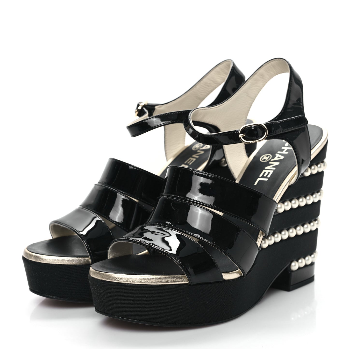 Patent Calfskin Grosgrain Pearl CC Wedge Sandals 38.5 Black