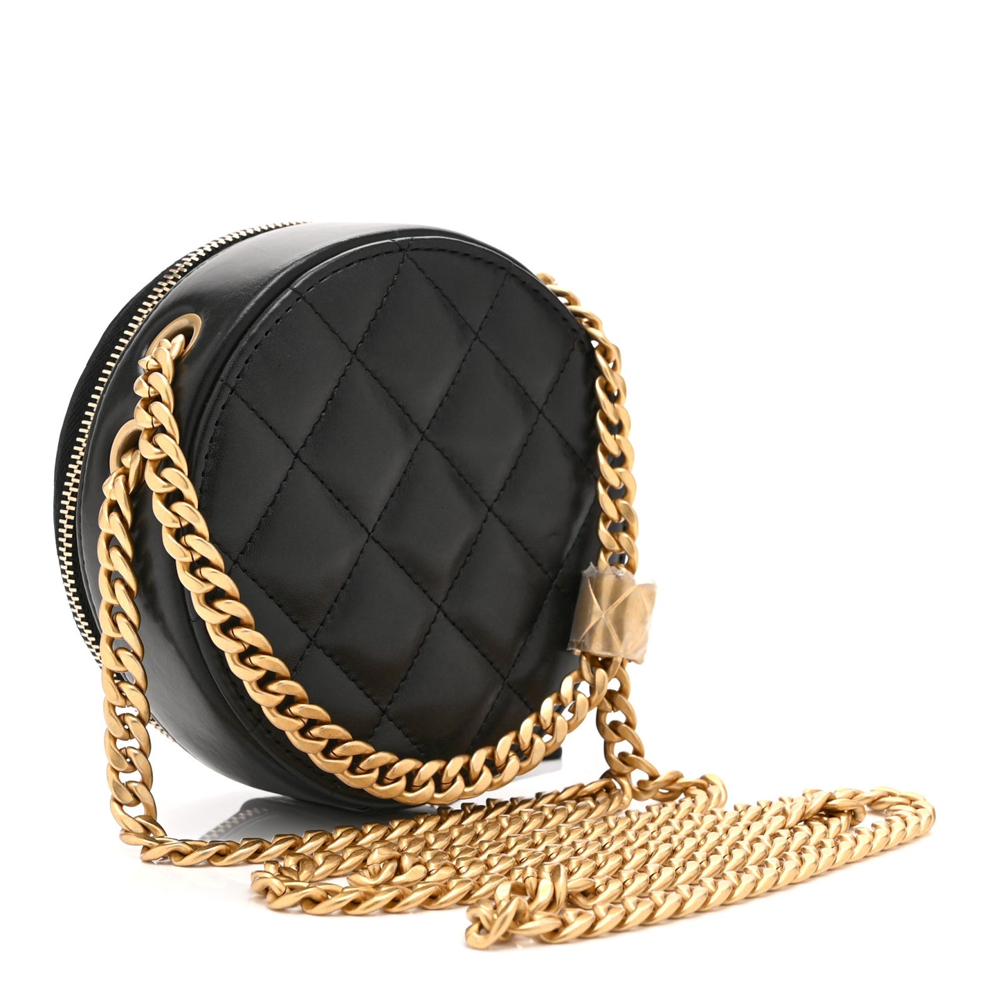 Lambskin Quilted Pillow Crush Round Clutch With Chain Black
