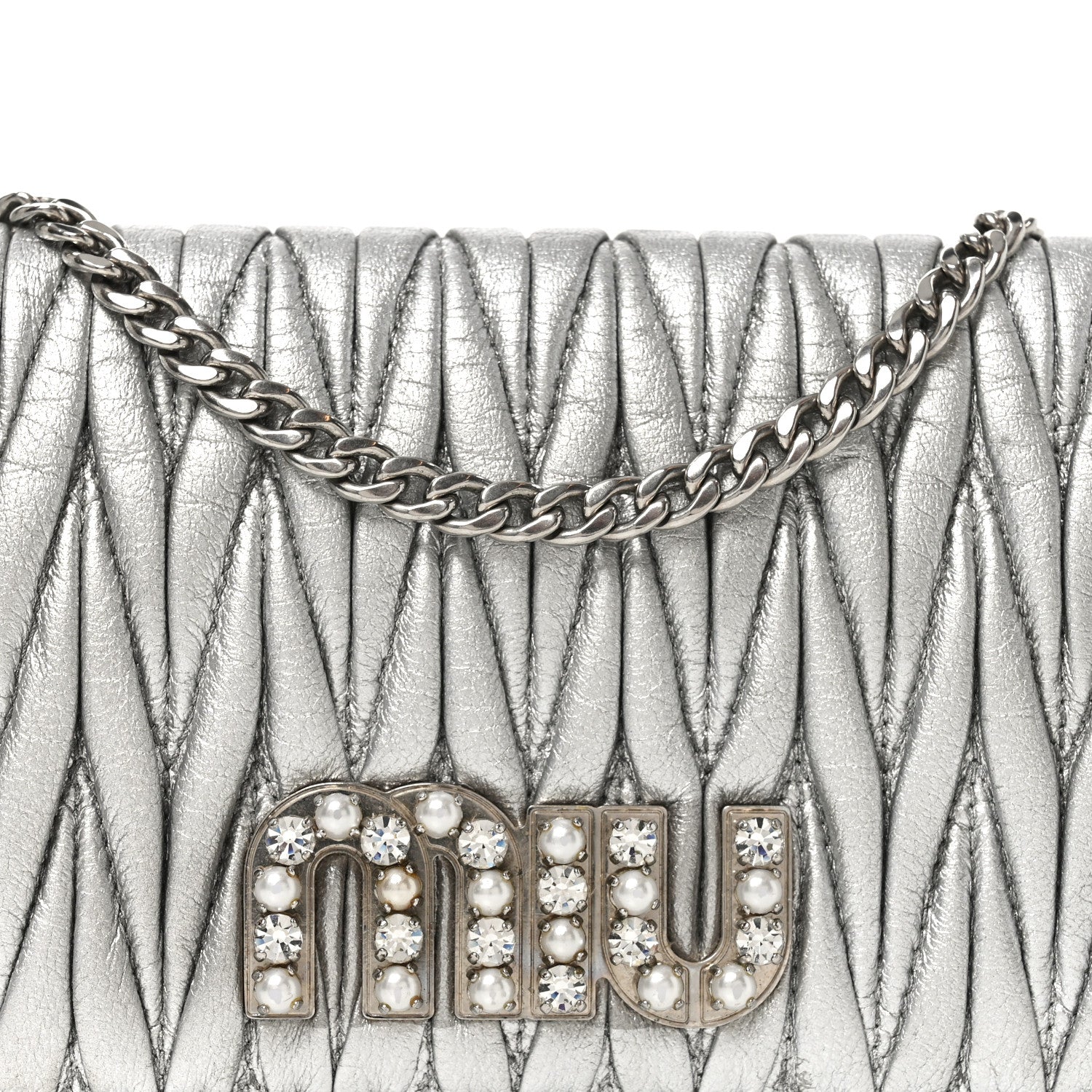 Miu Miu Metallic Nappa Matelasse Chain Crossbody Silver 7 of 9