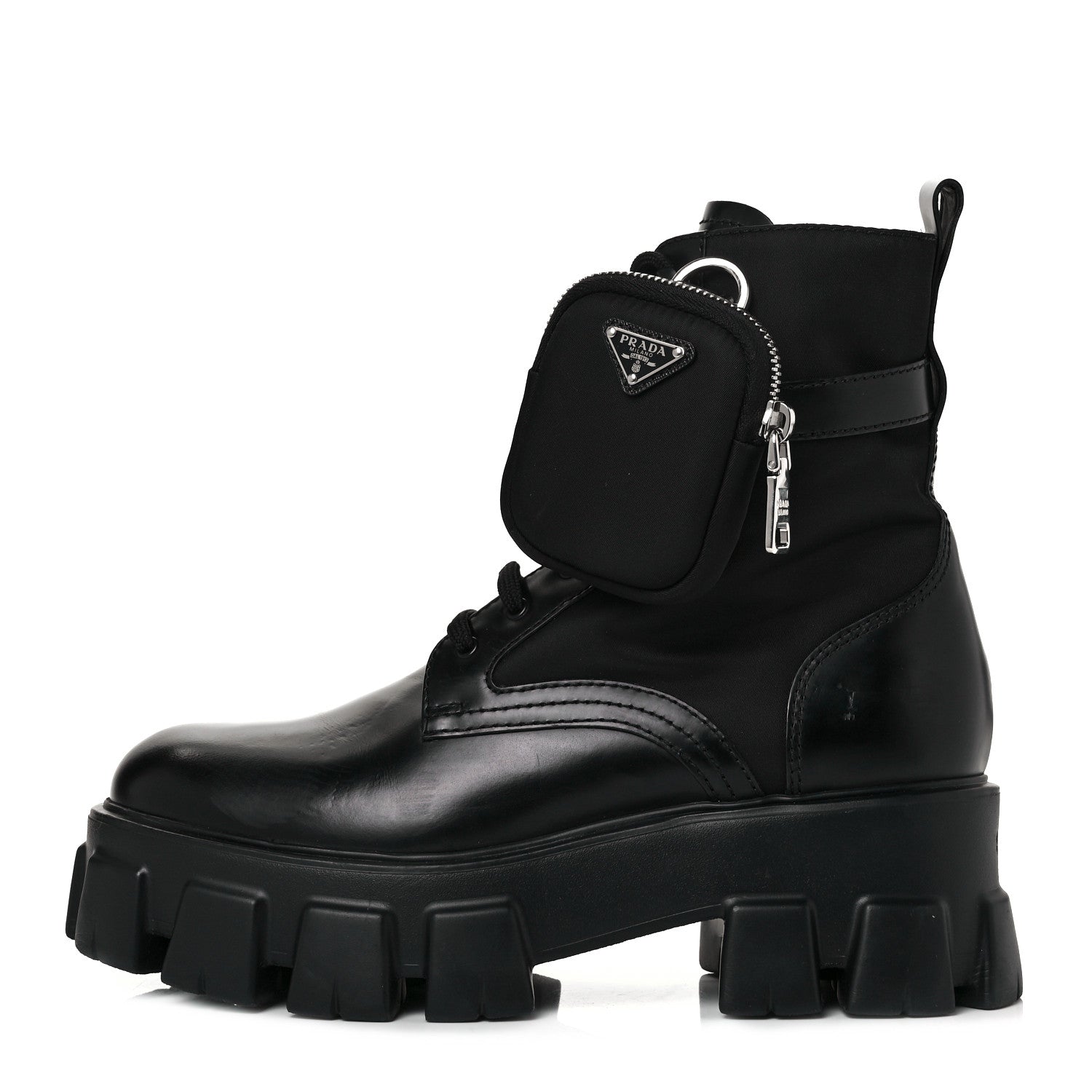 Prada Spazzolato Rois Re-Nylon Metal Triangle Logo Monolith Pouch Pocket 55mm Boots 39.5 Black 1 of 12