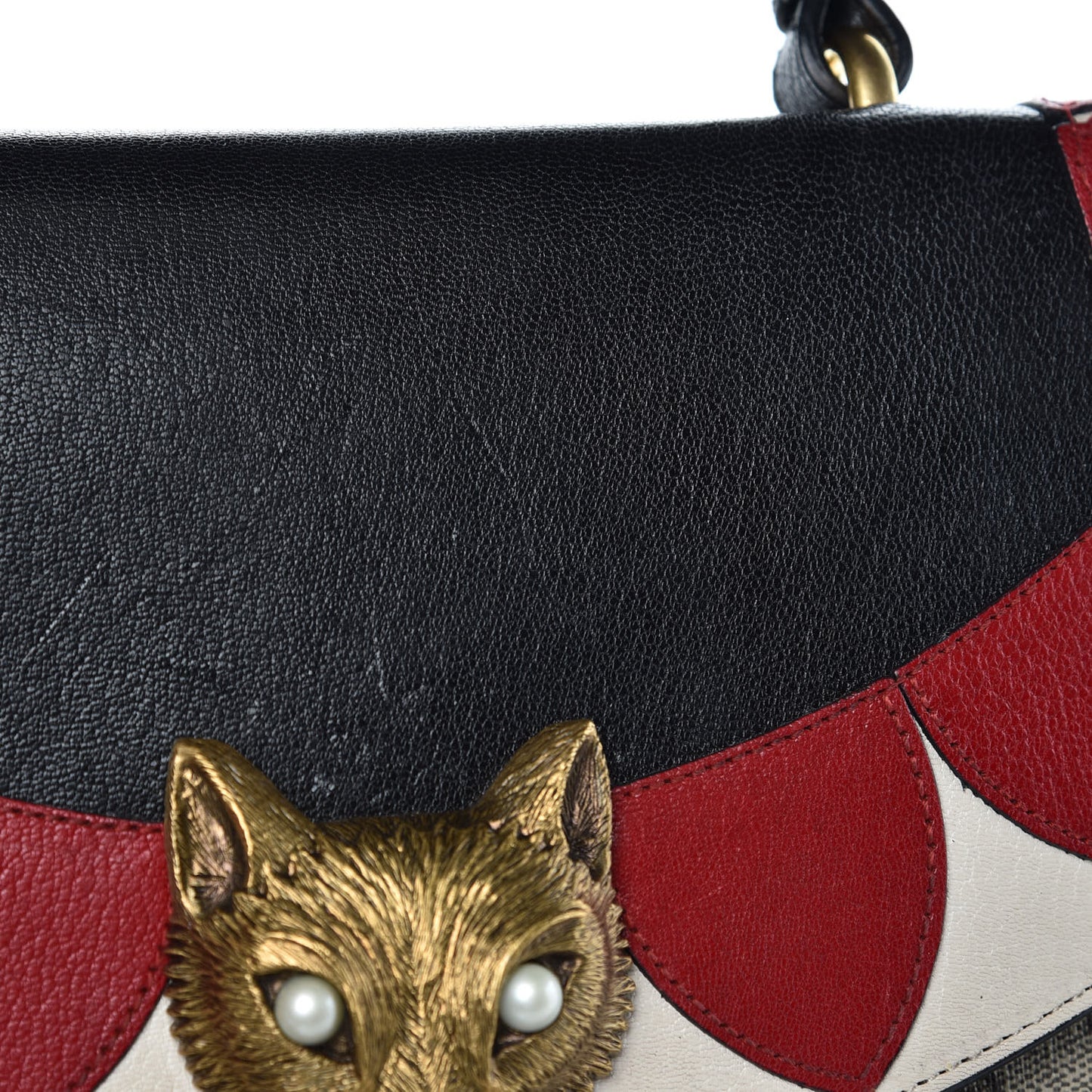 GG Supreme Monogram Goatskin Pearl Embroidered Medium Fox Broche Top Handle Bag Beige Ebony Black Hibiscus Red Mystic White