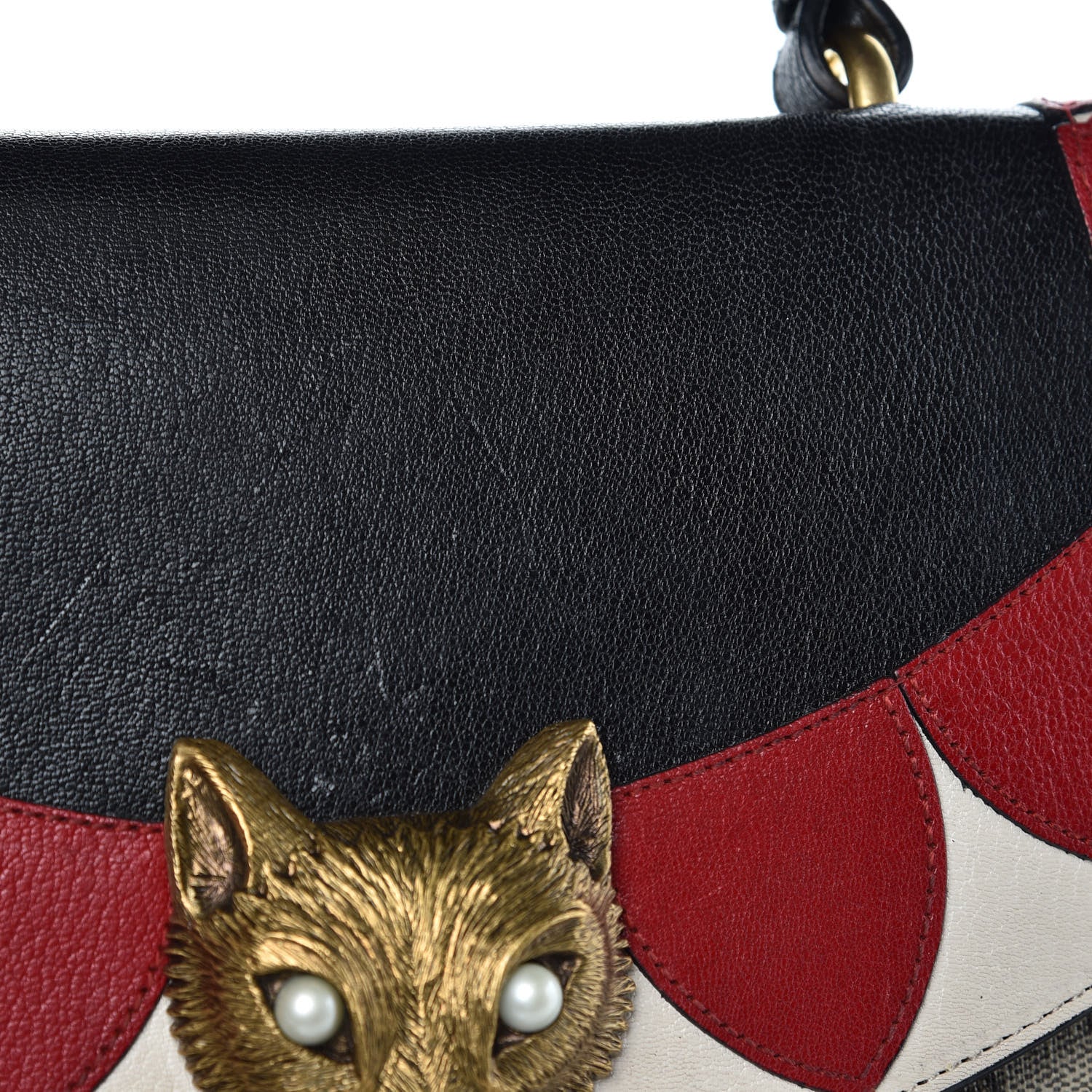 Gucci GG Supreme Monogram Goatskin Pearl Embroidered Medium Fox Broche Top Handle Bag Beige Ebony Black Hibiscus Red Mystic White 14 of 15