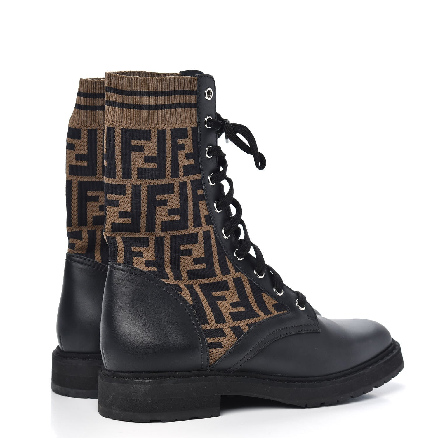 Fendi Calfskin Stretch Fabric FF Rockoko Biker Boots 38.5 Black Tobacco 4 of 9