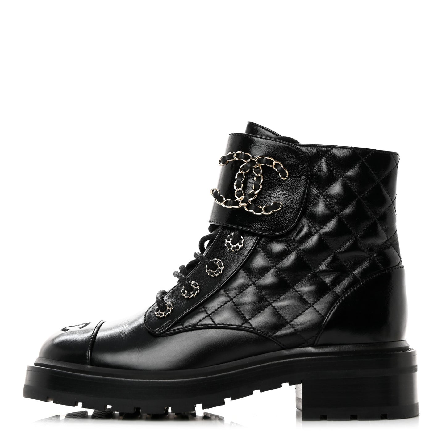 Shiny Calfskin Quilted Lace Up Combat Boots 37.5 Black