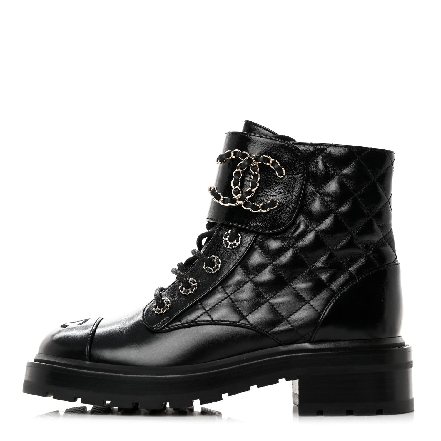 Chanel Shiny Calfskin Quilted Lace Up Combat Boots 37.5 Black 1 of 9