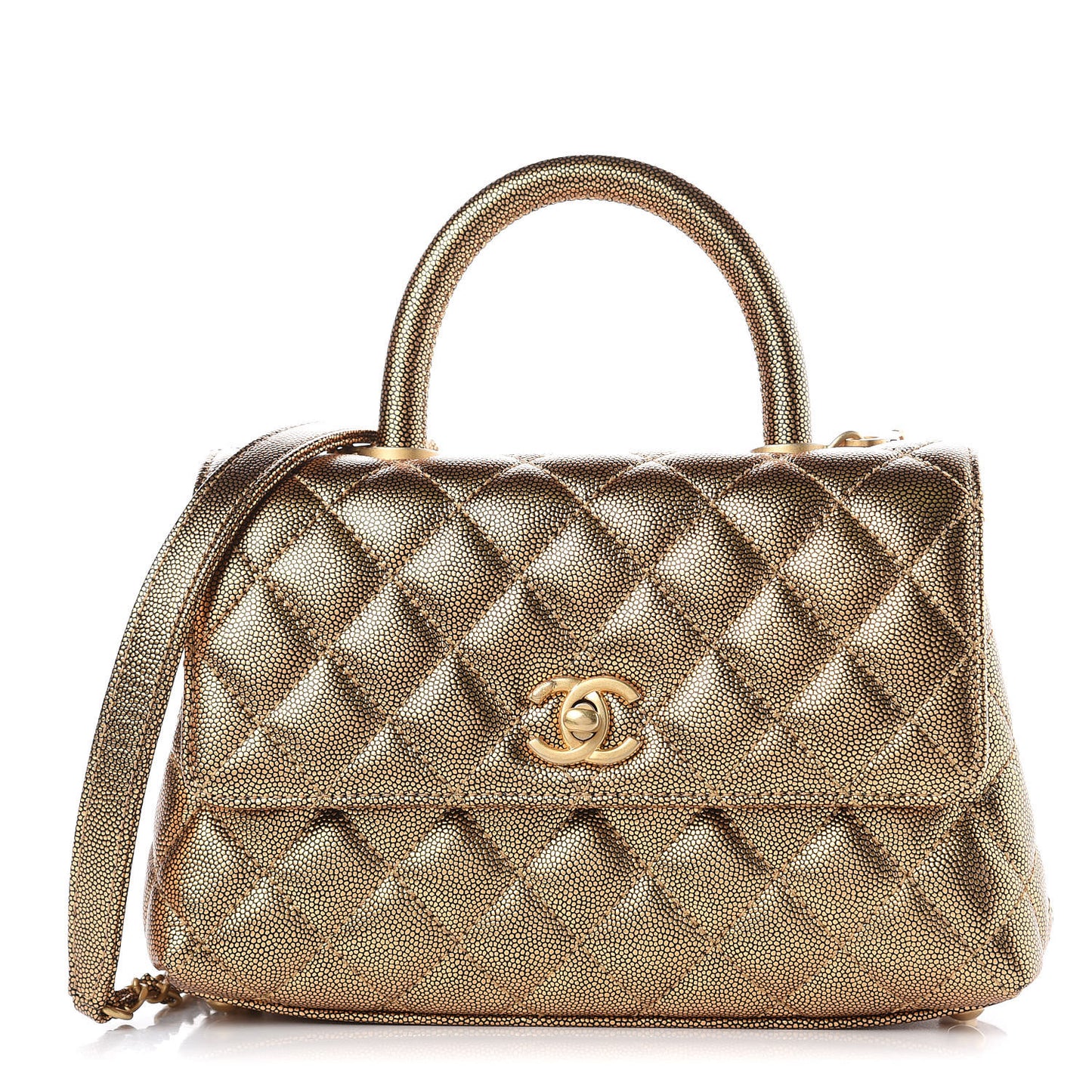 Metallic Caviar Quilted Mini Coco Handle Flap Gold