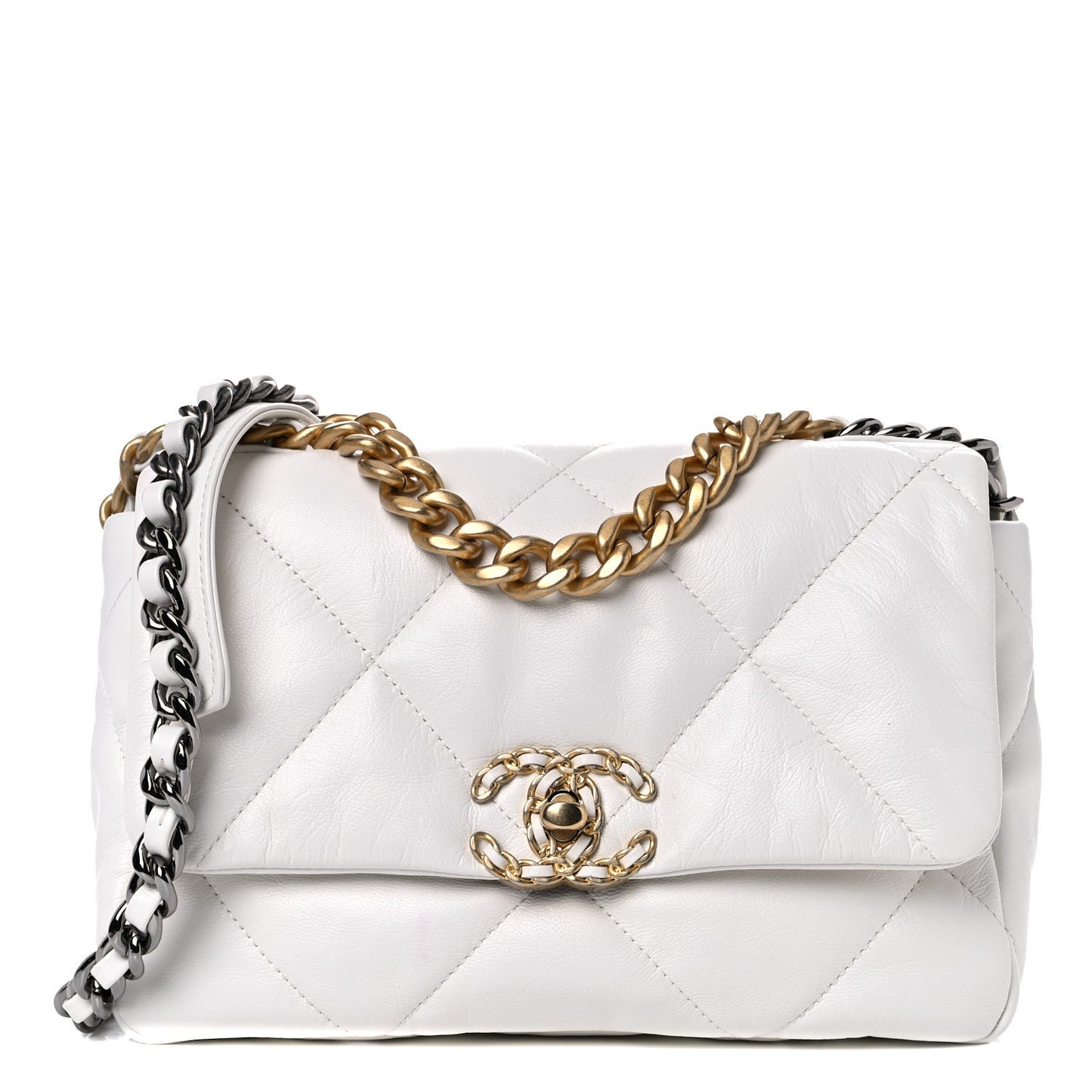 Shiny Crumpled Calfskin Quilted Medium Chanel 19 Flap White