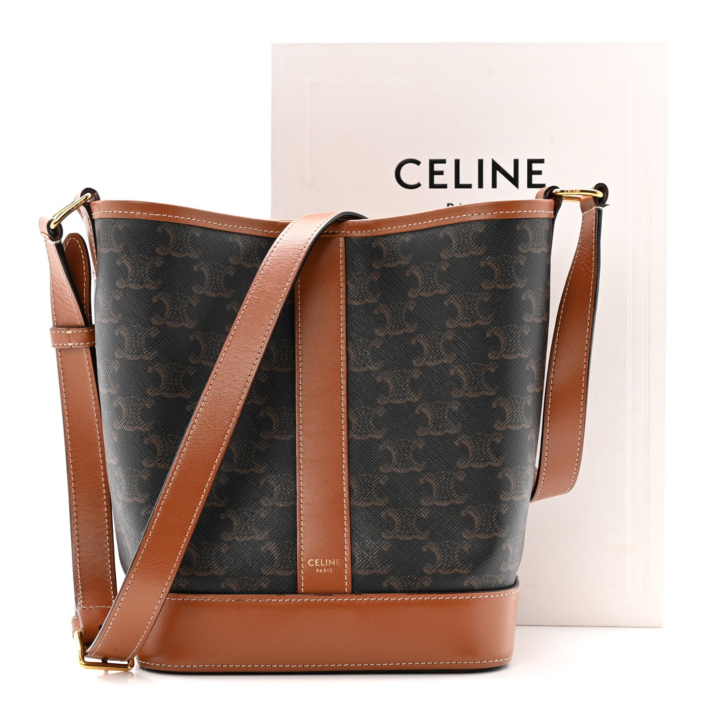 Triomphe Canvas Calfskin Small Bucket Bag Tan