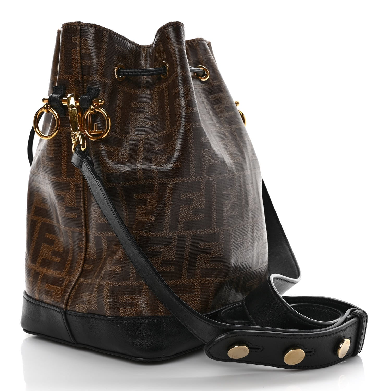 Fendi Glazed Fabric Vitello Grace F is Fendi FF 1974 Stamp Patch Grande Mon Tresor Bucket Bag Mogano Panna Black 2 of 9