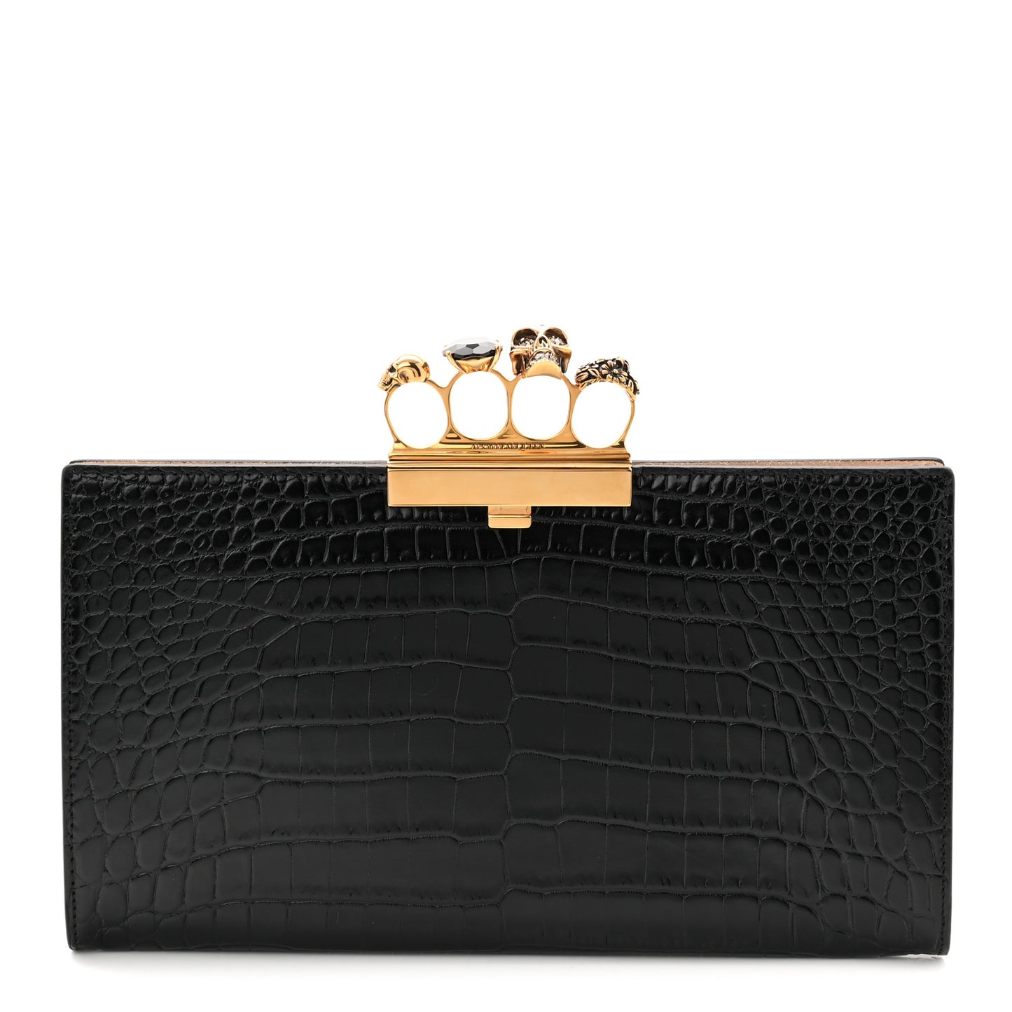 Calfskin Crocodile Embossed Knuckle Flat Clutch Black Gold