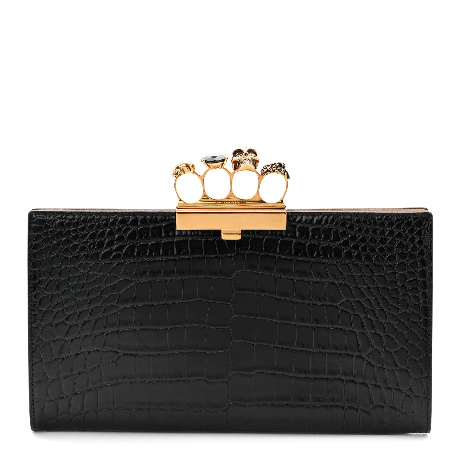 Alexander McQueen Calfskin Crocodile Embossed Knuckle Flat Clutch Black Gold 2 of 18