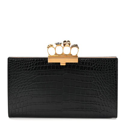 Alexander McQueen Calfskin Crocodile Embossed Knuckle Flat Clutch Black Gold 2 of 18