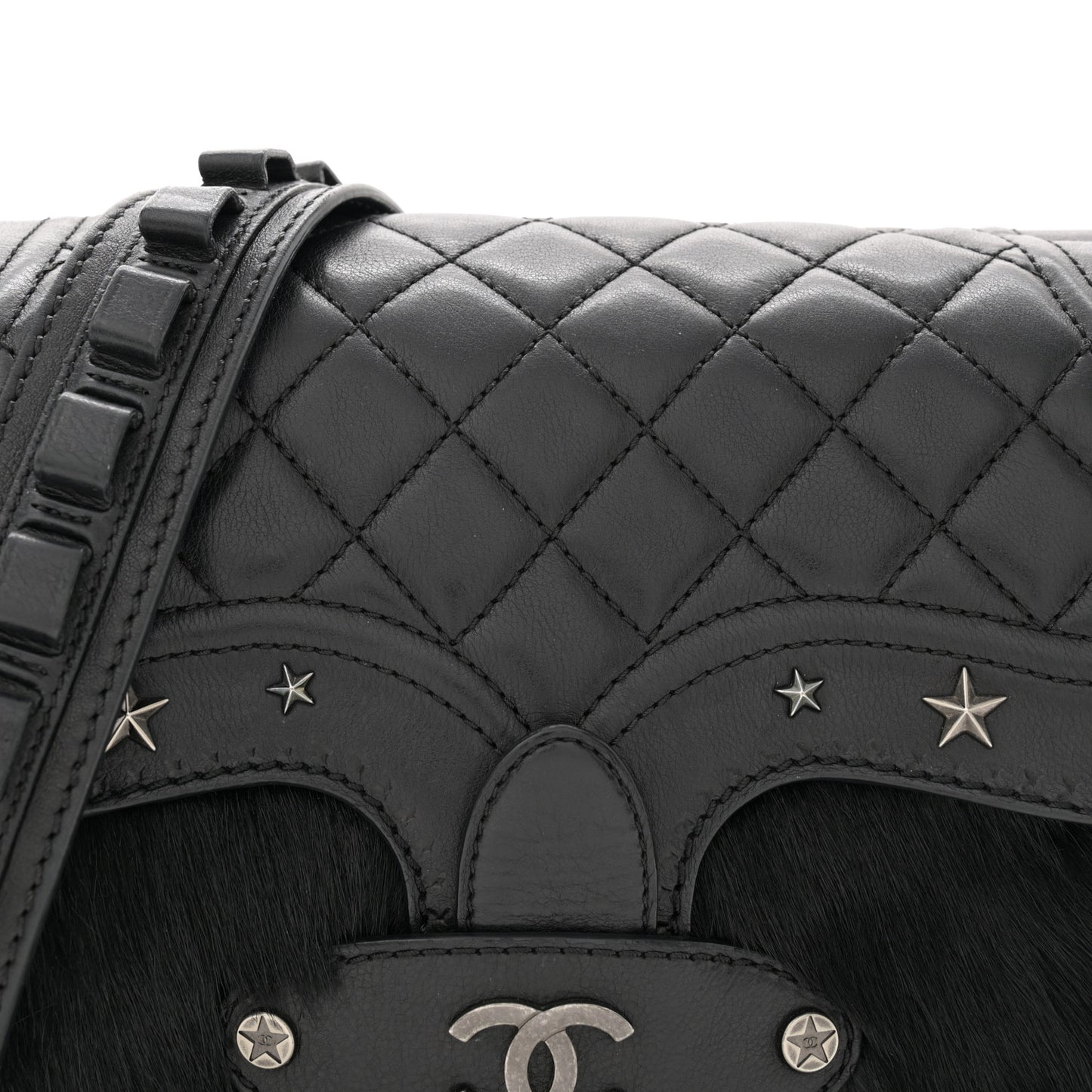 Pony Hair Calfskin Quilted Dallas Studded Saddle Bag Black