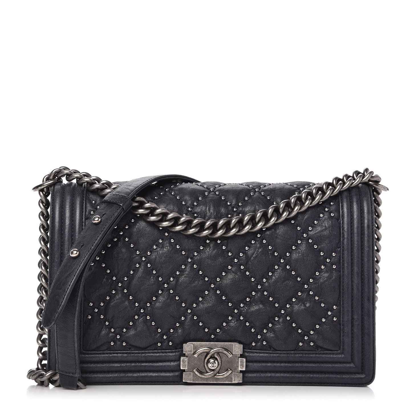 Crumpled Lambskin New Medium Studded Boy Flap Navy