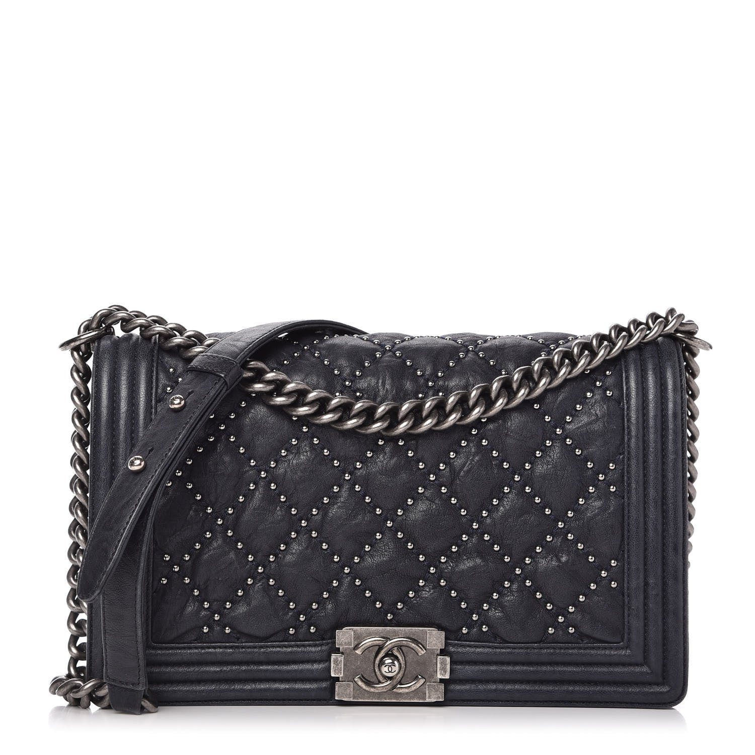 Chanel Crumpled Lambskin New Medium Studded Boy Flap Navy 1 of 10