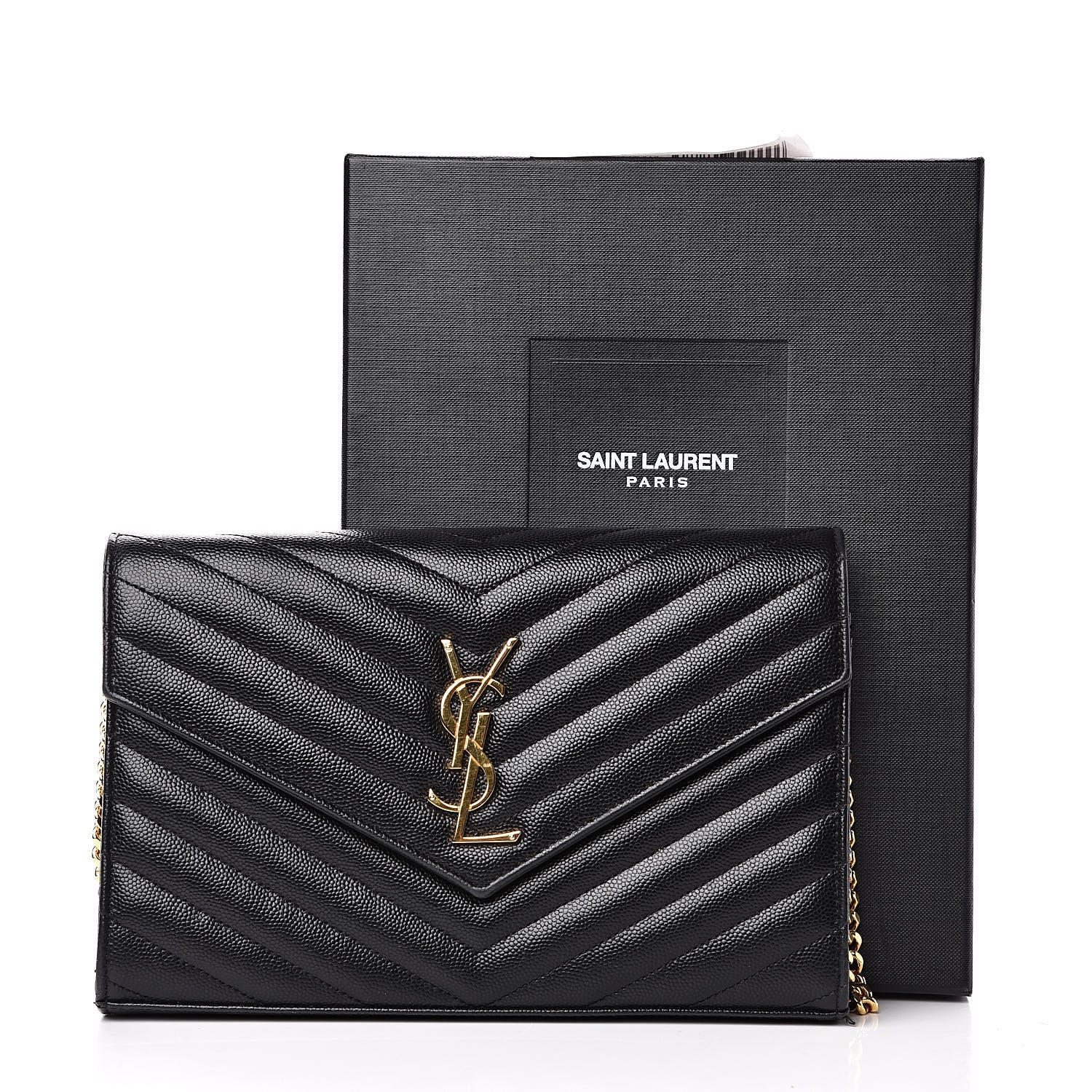 Saint Laurent Grain De Poudre Matelasse Chevron Monogram Chain Wallet Black 11 of 11