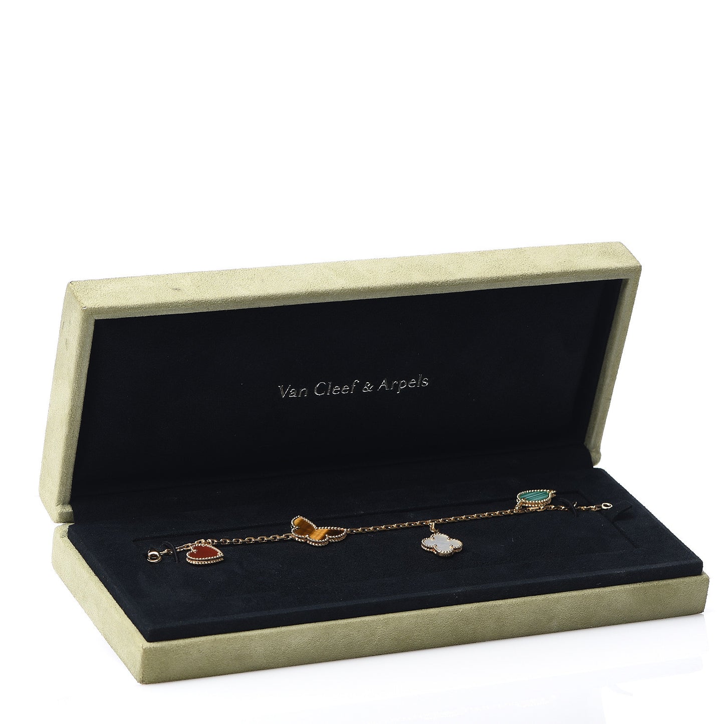 18K Yellow Gold Mother of Pearl Malachite Carnelian Tiger Eye 4 Motifs Lucky Alhambra Bracelet
