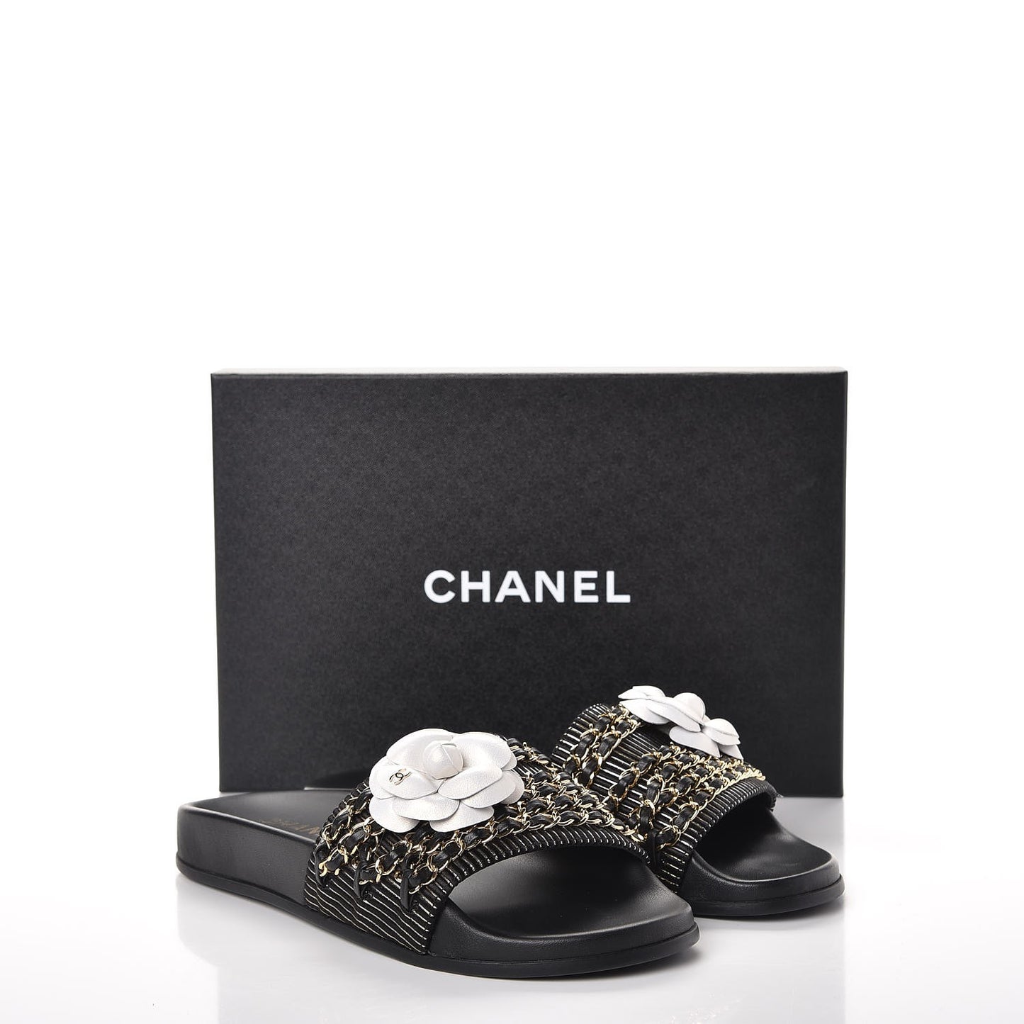 Calfskin Chain Camellia Flat Sandals 38 Black