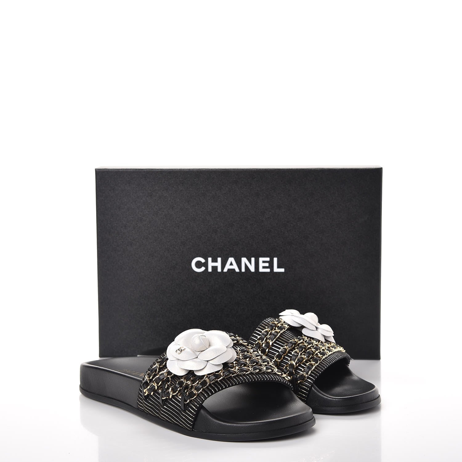 Chanel Calfskin Chain Camellia Flat Sandals 38 Black 10 of 10
