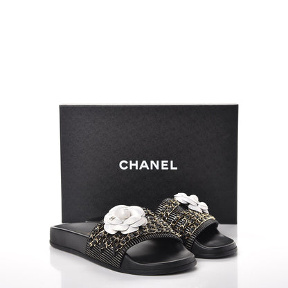 Chanel Calfskin Chain Camellia Flat Sandals 38 Black 10 of 10
