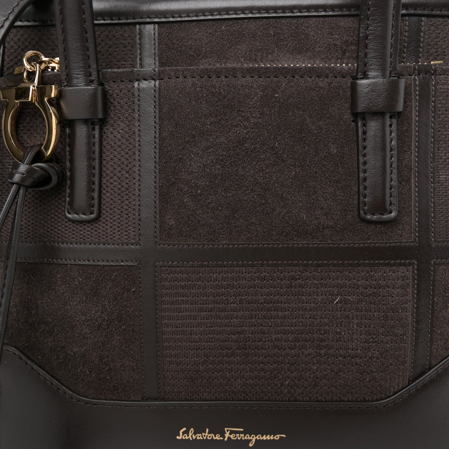Salvatore Ferragamo Calfskin Suede Patchwork Double Handle Small Amy Tote Deep Brown 8 of 10
