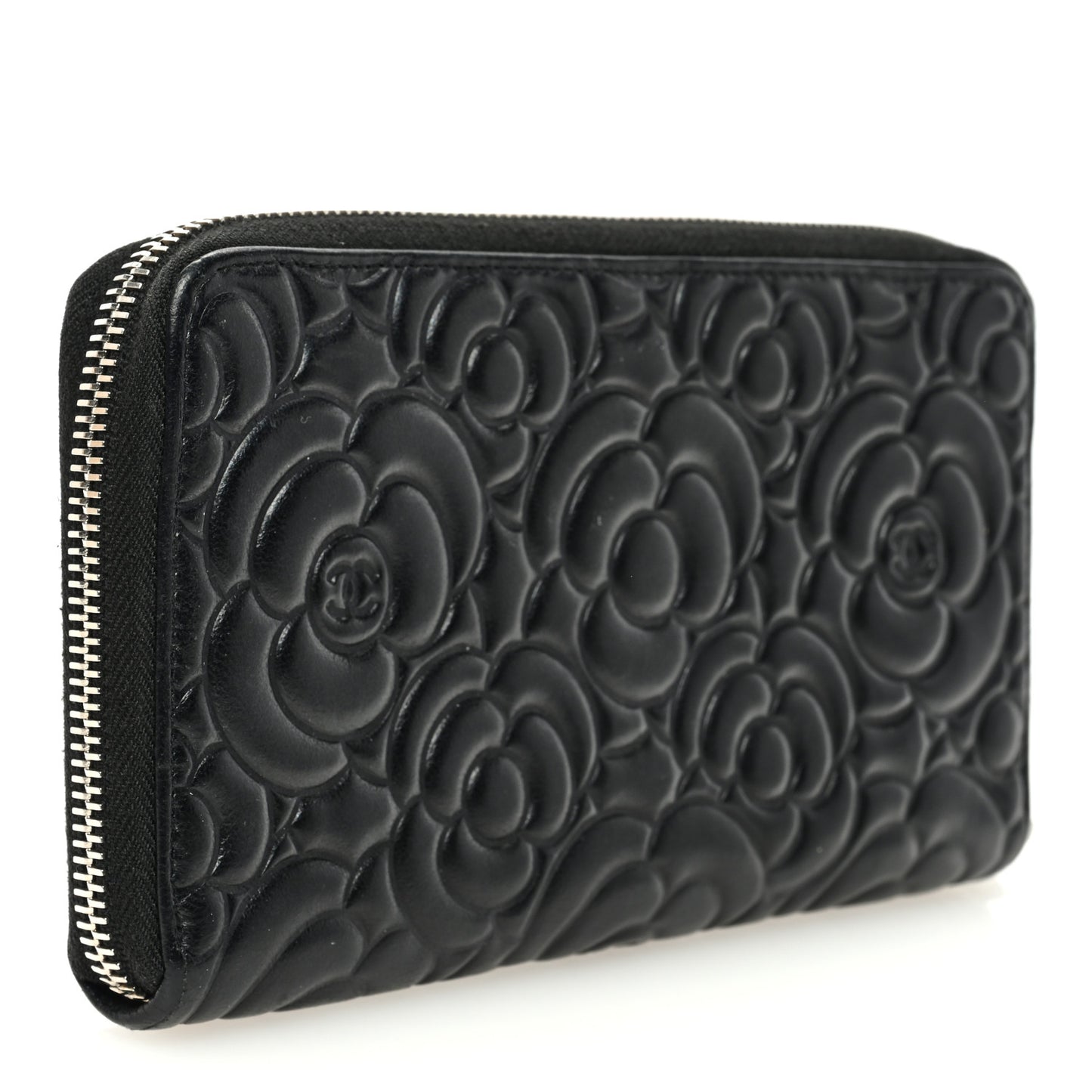 Lambskin Camellia Embossed Large Zip Around Gusset Wallet Black